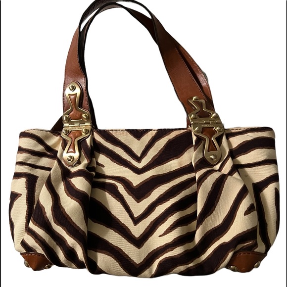 Vintage Michael Kors Zebra Print Bag Leather Canvas Brass/Gold Exterior Hardware - Picture 2 of 12